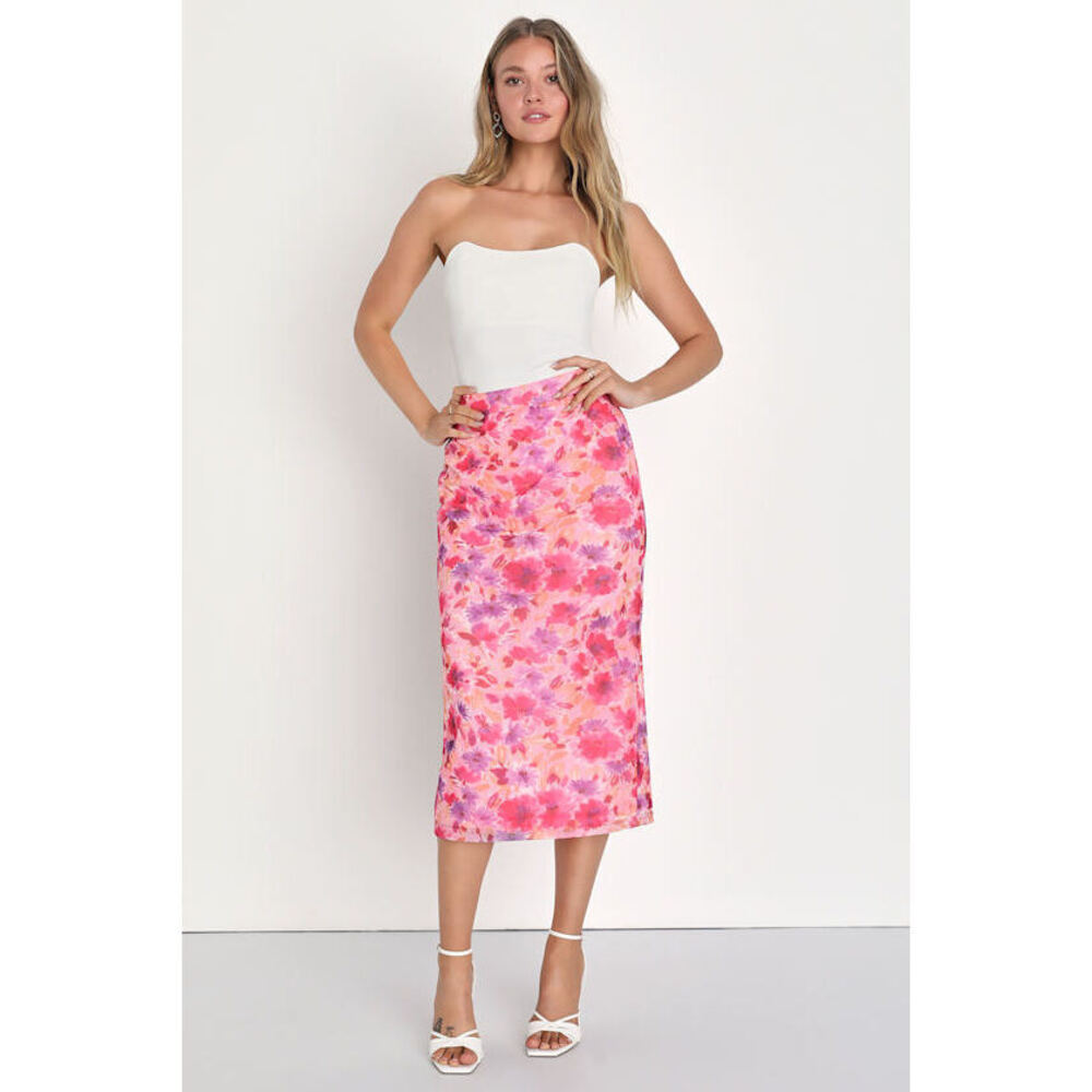 Lulus Passion For Fashion Pink Floral Print High-rise Midi Skirt - Size M